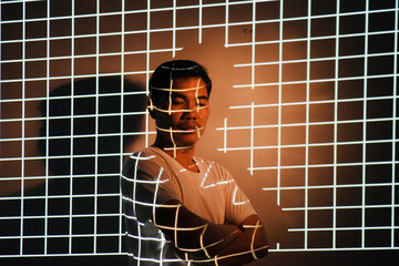 Light painting portrait, light drawing on projector beam exposure. Interesting and fantastic...
