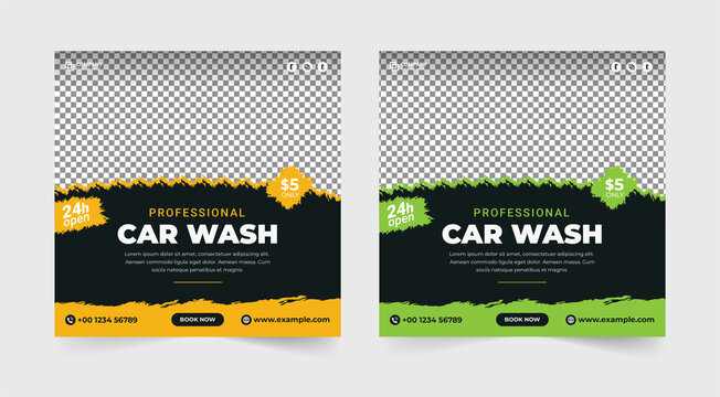 Car washing service social media banner. Car wash and cleaning service banner. Vehicle washing service template. Auto mobile cleaning service flyer. Professional car wash advertisement.