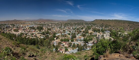 Landscape panorama view of Aksum, ancient city in northern Ethiopia known for its tall, carved obelisks and relics of the ancient Kingdom of Aksum and home to the ark of the covenant.