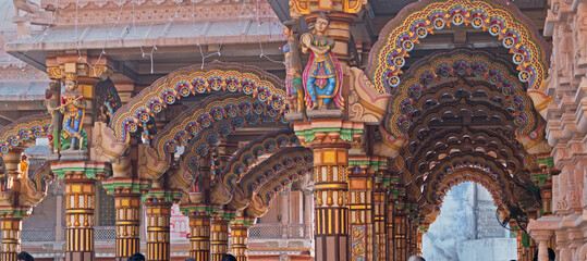 The brightly decorated Burmese teak archways in the Hindu Shri Swaminarayan Temple in Ahmedabad,...