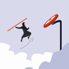 Business concept flat Arabic businesswoman jump throwing spear arrow to target. Business breakthrough success concept. Female manager throwing arrow to target board. Graphic design vector illustration