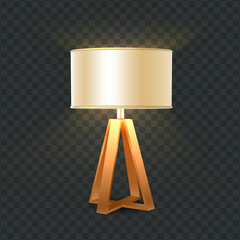 3d realistic vector icon. Modern table lamp with wooden decorative legs. Glowing light in the dark.