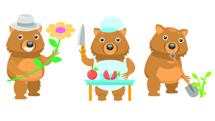 Obraz na płótnie Canvas Set Abstract Collection Flat Cartoon Different Animal Wombat With Flower And Hat, Digging Potatoes With A Shovel, Chef Cuts Vegetables With A Knife Vector Design Style Elements Fauna Wildlife
