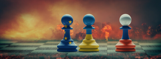 Ukraine, EU and Russia conflict. 3D illustration.