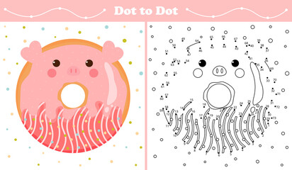 Educational coloring page with dot to dot puzzle for kids with pig or piglet shape sweet donut in cartoon style, printable worksheet in childish style for children books
