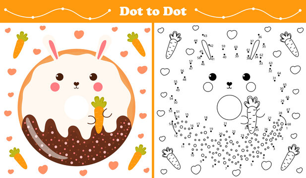 Educational coloring page with dot to dot puzzle for kids with bunny or rabbit shape sweet donut in cartoon style, printable worksheet in childish style for children books