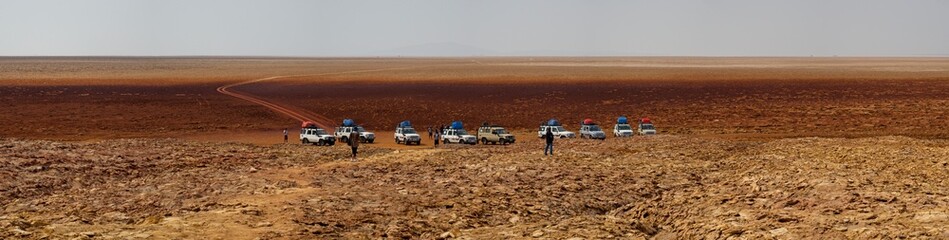 Panorama of surreal colors and Mars like landscape created by Sulphur springs in the hottest place...