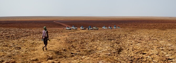 Panorama of surreal colors and Mars like landscape created by Sulphur springs in the hottest place on earth, the Danakil Depression in the Afar Region of Ethiopia.