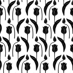 Monochrome vintage seamless pattern with tulips flowers black silhouettes on white background