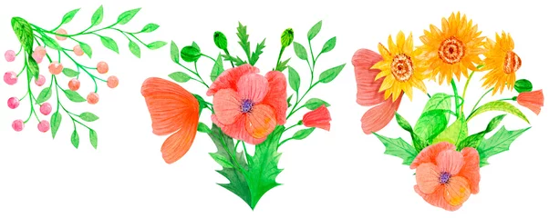Plexiglas foto achterwand Summer watercolor clipart illustration sunflowers poppy hand drawn © Oksana Mayorova