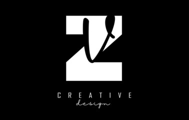 White and Black Letters ZV Logo with a minimalist design. Letters Z and V with geometric and handwritten typography.