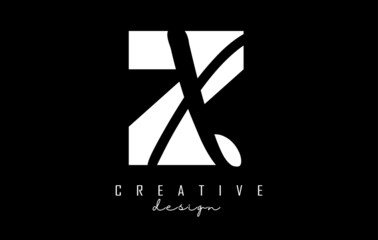 White and Black Letters ZX Logo with a minimalist design. Letters Z and X with geometric and handwritten typography.