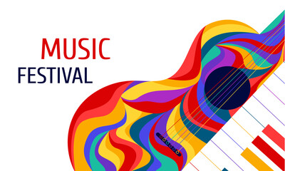 Vector illustration for a musical event with a colorful guitar and piano shape. A banner template for a festival and concert, a leaflet, a poster.