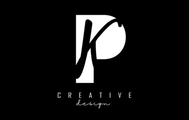 White and Black Letters PK Logo with a minimalist design. Letters P and K with geometric and handwritten typography.