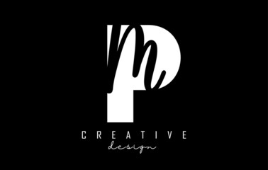 White and Black Letters PM Logo with a minimalist design. Letters P and M with geometric and handwritten typography.
