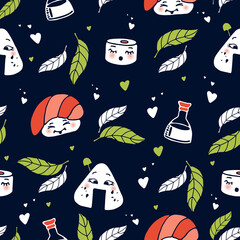 Cute kawaii Sushi, rolls, onigiri. Vector pattern. Japanese food with emotions, cartoon style. Green leaves and hearts. Colored vector seamless pattern. Blue background