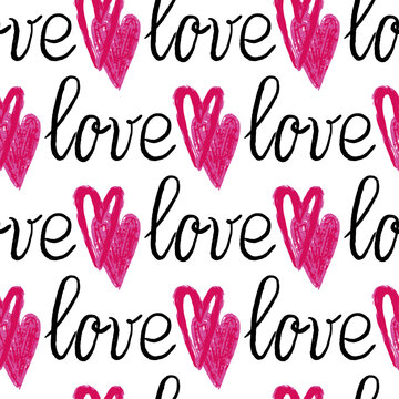Fototapeta Stylish graphic seamless pattern with hearts and the inscriptions love 