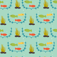 Seamless pattern fish seaweed