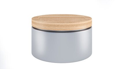 cosmetic bottle mockup,Wooden circle lid,silver bottle material on a white background,isolated on white background,3d rendering