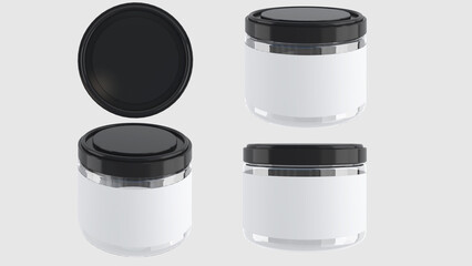 Black bottle cap, clear plastic bottle, put things or cosmetics with white label.,isolated on white background,3d rendering