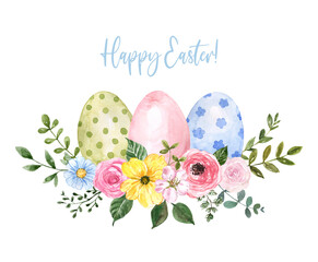 Watercolor Easter egg wreath. Colored pastel eggs and pretty spring flowers arrangement. Holiday decor. Greeting card design.