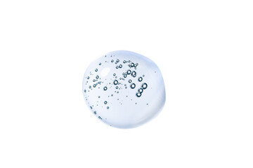 Drop of cosmetic cream, serum with transparent gel texture with micro bubble on white background