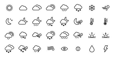 Set of weather icons and meteorological icons or symbols for weather forecast sun, clouds, wind, rain, snow, air temperature drawn