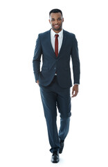 Hes got what it takes to succeed. A handsome young african american businessman walking while isolated on white.
