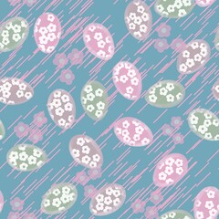 Easter pattern of eggs on blue background with little flowers and strokes. Seamless backdrop in liberty style for textile, book covers, wallpapers, gift wrap, scrapbooking.
