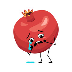 Pomegranate character with crying and tears emotion, sad face, depressive eyes. Person with melancholy expression, fruit emoticon. Vector flat illustration