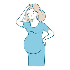 A pregnant woman has a headache. The pregnant girl is feeling unwell. Vector hand drawn illustration.