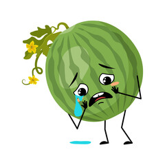 Green striped round watermelon character with crying and tears emotion, sad face, depressive eyes. Person with melancholy expression, fruit emoticon. Vector flat illustration