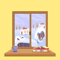 Winter time. Wooden window overlooking the rural landscape. Frosty snowy winter with trees and bushes, fields, hills and houses. Nature at different times of the year. Vector.