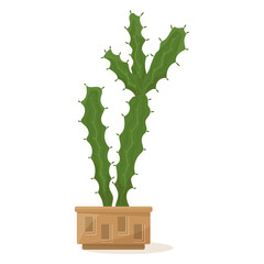 Cactus with curly appendages with thorns and thorns. Succulent in a flower pot, a houseplant for home, office, greenhouse.  Vector icon, color cartoon, complex flat, isolated