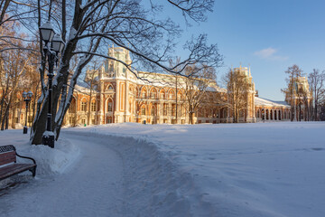 view of the main palace in the Tsaritsyno museum on a winter day