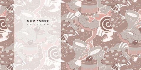 Vector parrent with cup, cake, lollipop, croissant, cookie and donut, doodle brown design