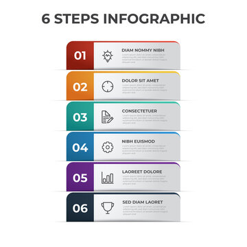 6 list of steps diagram, vertical row layout with number of sequence and icons, infographic element template