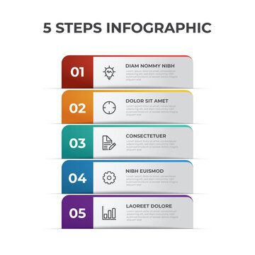 5 list of steps diagram, vertical row layout with number of sequence and icons, infographic element template