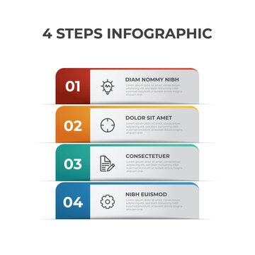4 list of steps diagram, vertical row layout with number of sequence and icons, infographic element template