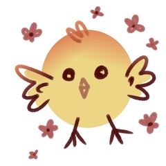 Cute little yellow chik with flowers. Easter postcard illustration. Draw on White background. 