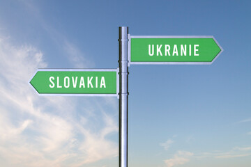 Sign indicating the direction of the borders between two countries  SLOVAKIA,UKRANIE  3d render WAR.