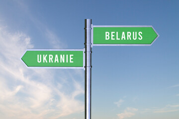 Obraz premium Sign indicating the direction of the borders between two countries UKRANIE,BELARUS 3d render WAR.