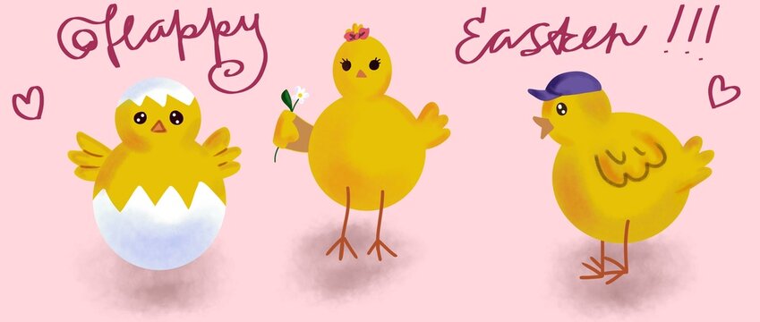 Cute little chiks illustration. Easter postcard. Pink background. 