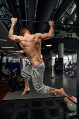 Muscular strong man exercising in the sport gym, Man doing horizontal push-ups with bars in gym. Background gym with copy space.