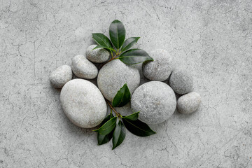 Relax and meditation with spa stones and green leaves