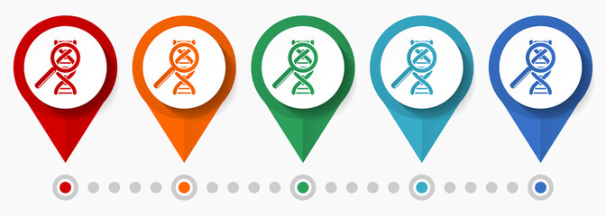 Dna, biotechnology research concept vector icon set, flat design genetic pointers, infographic template easy to edit
