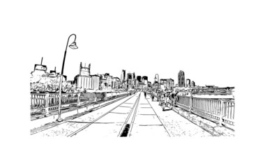 Fototapeta premium Building view with landmark of Minneapolis is the city in Minnesota. Hand drawn sketch illustration in vector.