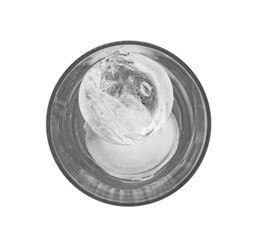 High contrast top view of a clear glass with two round ice cubes isolated on white background