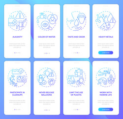 Naklejka premium Prevent water pollution blue gradient onboarding mobile app screen set. Walkthrough 4 steps graphic instructions pages with linear concepts. UI, UX, GUI template. Myriad Pro-Bold, Regular fonts used