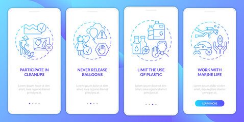 Naklejka premium Save ocean from pollution blue gradient onboarding mobile app screen. Walkthrough 4 steps graphic instructions pages with linear concepts. UI, UX, GUI template. Myriad Pro-Bold, Regular fonts used